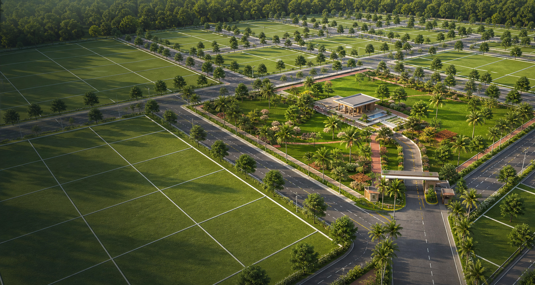 Landscaped residential plot layout with roads and clubhouse