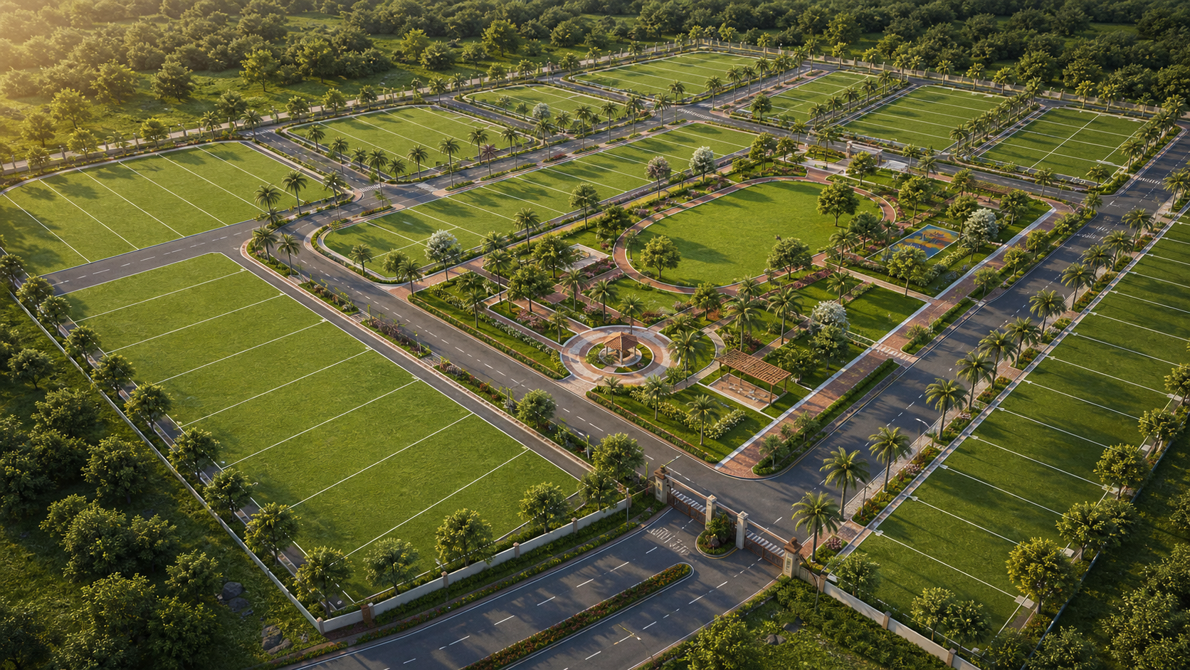 Gated plotted residential community with gardens and jogging path